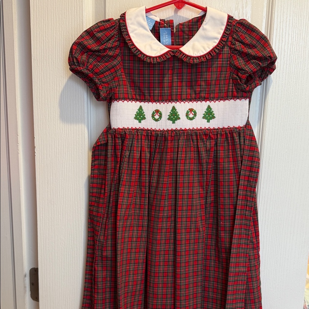 Anavini Hand Smocked Plaid Dress with Christmas Embroidery Size 5